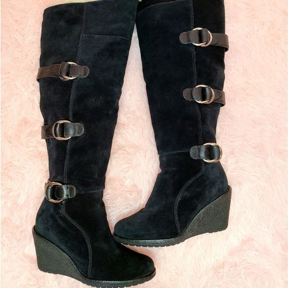 Cole Haan Black Suede Wedge Knee-High Boots Size 5B - Picture 1 of 16